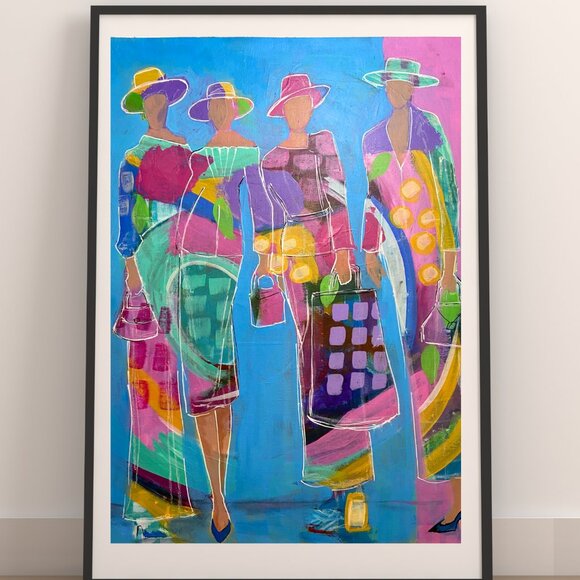 Hand Crafted Other - Colorful Original Acrylic Painting Ladies Strike A Pose on Canvas Sheet Wall Art